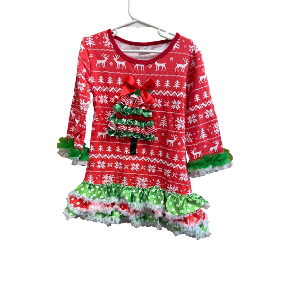 Girls Christmas Ruffle Long-Sleeve Dress With Festive Tree Patchwork & Polka Dot